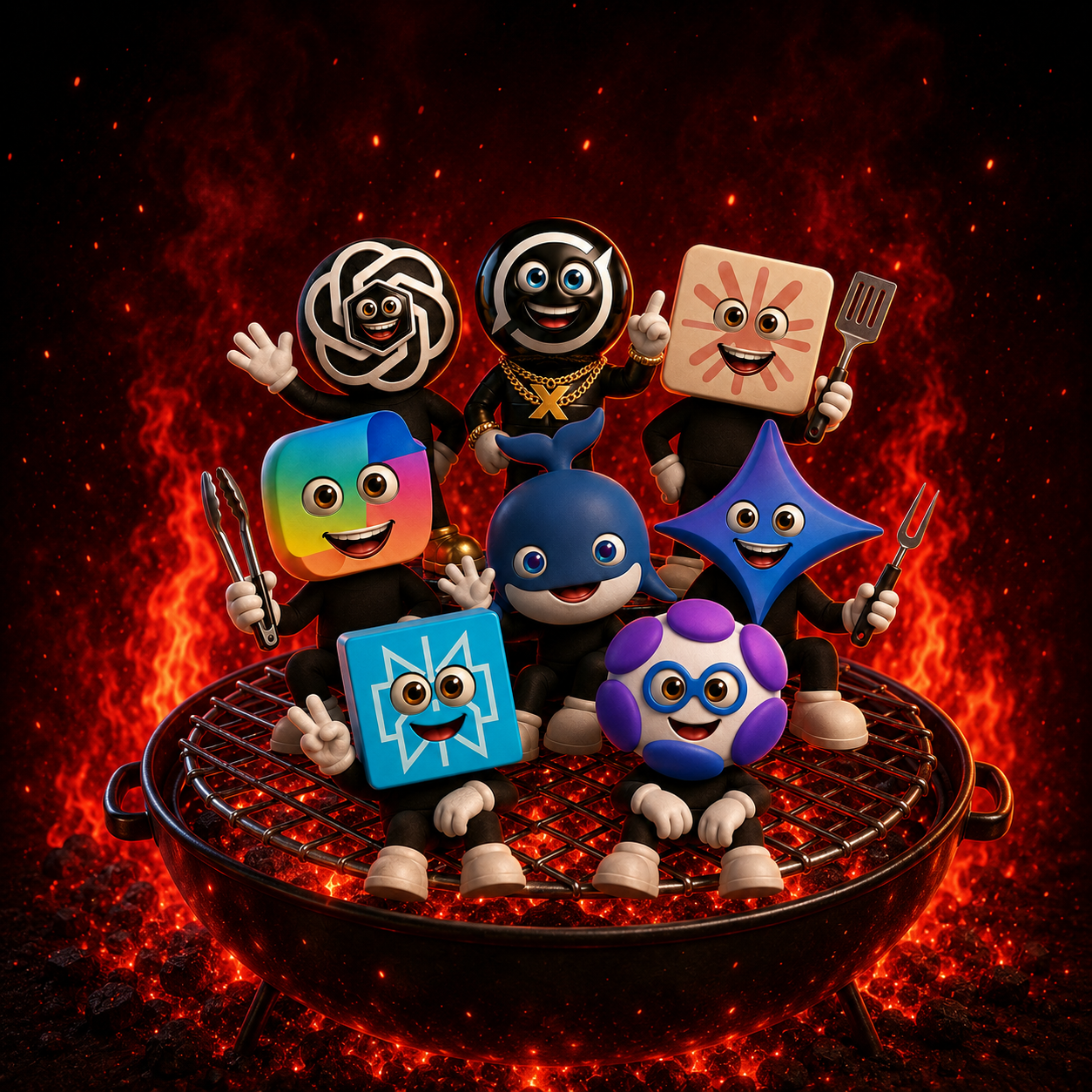 The bot ensemble gathered over a red fiery grill backdrop