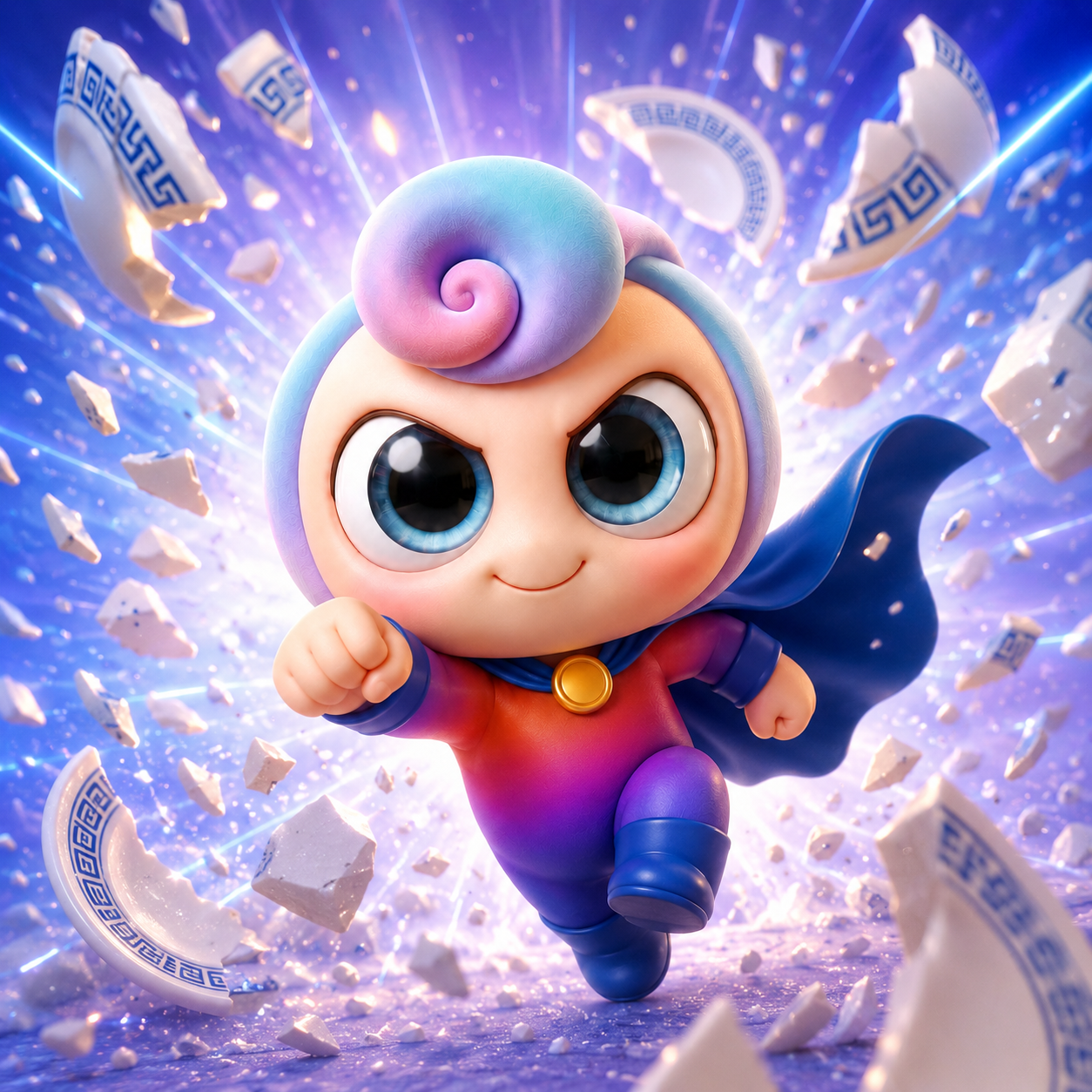 Opa charging forward in a blue cosmic scene