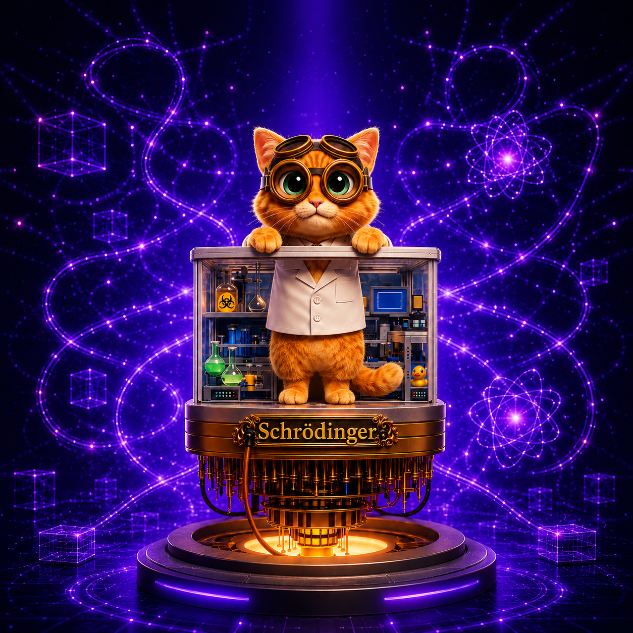 Schrodinger in a purple lab surrounded by glowing quantum patterns